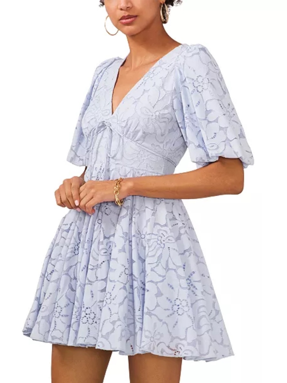 CeCe Light Blue Lace Mini Dress with V-Neck & Tie Front